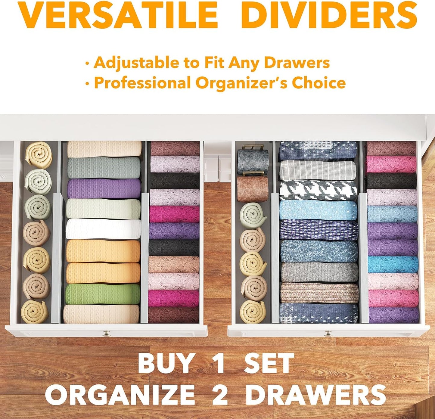 SpaceAid Bamboo 4 Pack Dresser Drawer Dividers, 4.65“ High Adjustable 12.5“-17” Drawer Organizers, Expandable Organization for Clothing, Clothes, Dressers, Gray