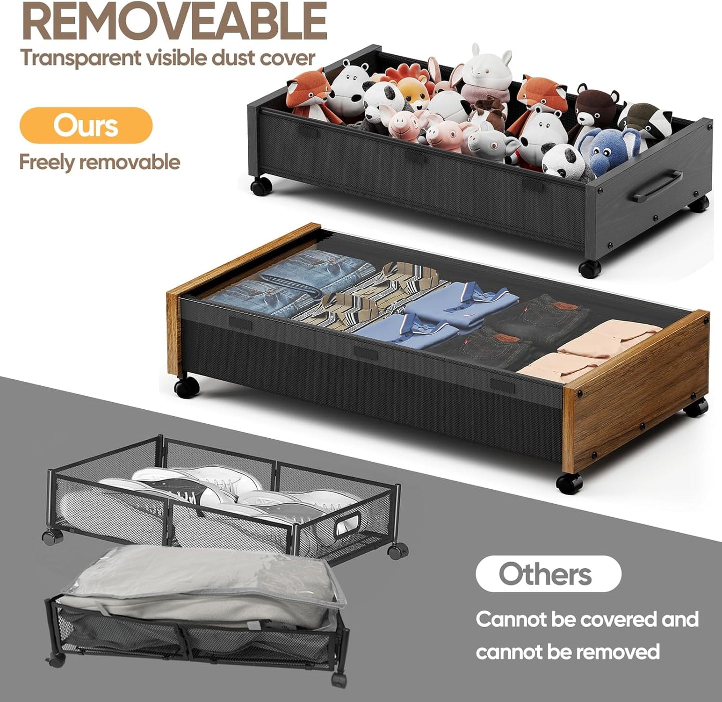 KITHELP Wooden Under Bed Storage with Wheels, Rolling Under the Bed Storage Bins with Removable Lid, Metal Under Bed Drawers for Clothes and Shoes in Bedroom or Living Room(Black Wood-2pack)