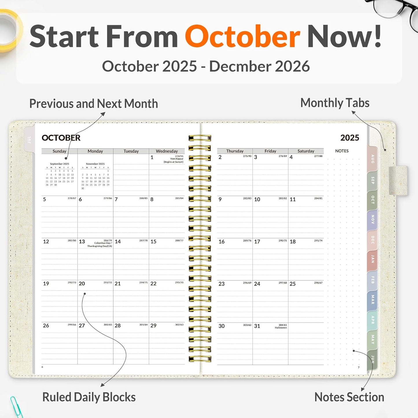 SUNEE 2026 Weekly & Monthly Planner 6.4"x8.5"- 12 Month (January 2026 - December 2026), Vegan Leather Cover, Pocket, Bookmark, Notes, Monthly Tab, Beige