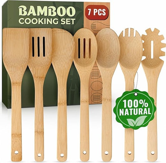Wooden Utensil Set, Bamboo Utensils – 7 PCs Wood Spoons for Cooking, Easy to Clean, Sturdy, Lightweight & Heat Resistant