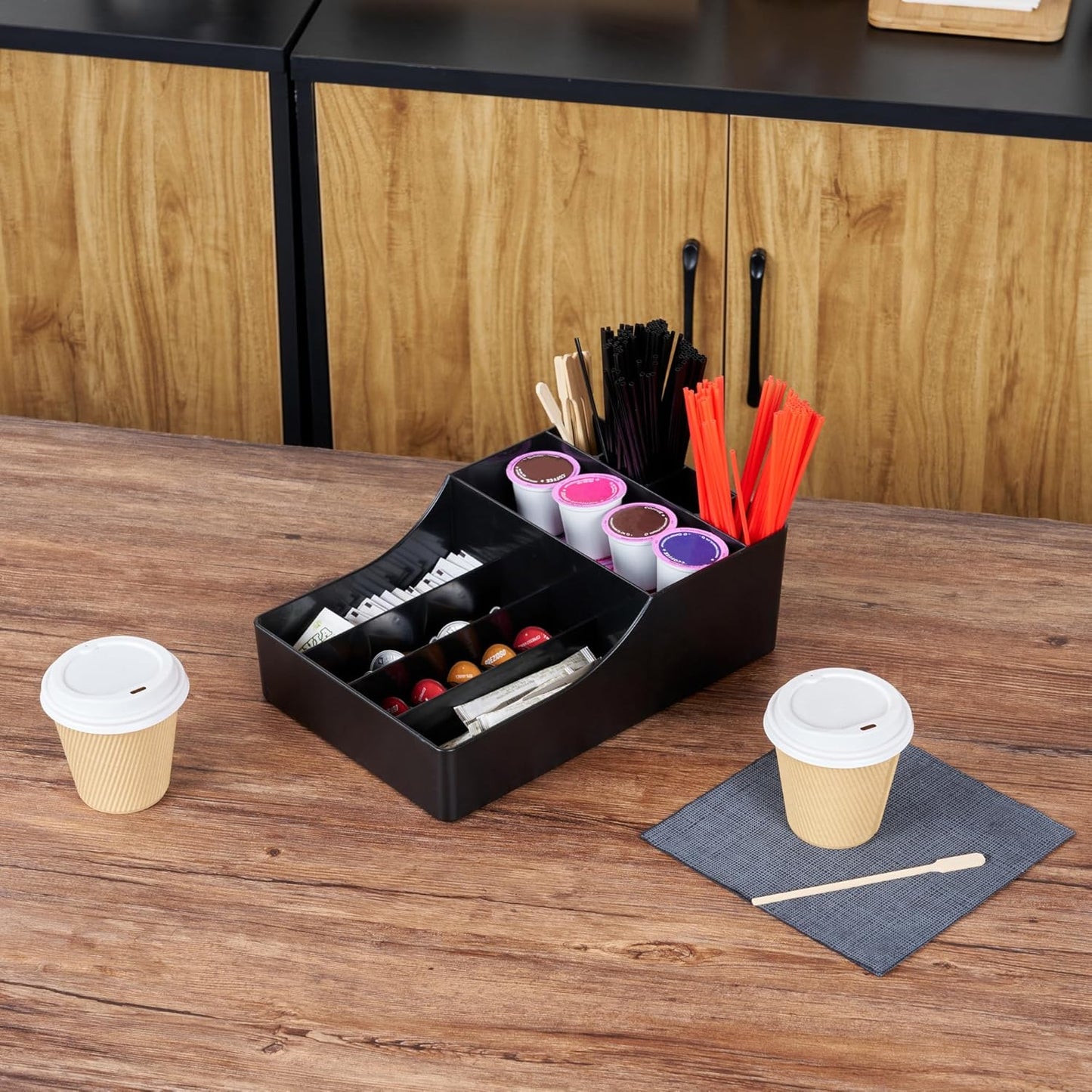Restaurantware Restpresso Coffee Bar Organizer, 1 Count Durable 9 Compartments, Compact Size, Black Plastic Tabletop Coffee Supplies Organizer For Homes, Office Spaces, Breakrooms, and Lounges