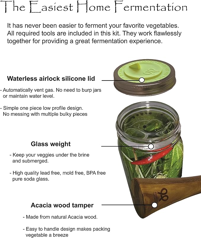 Canning kit. Complete DIY fermentation kit for wide mouth mason jars or pickling jars for 7 sets. Glass weights, tamper, airlock lids, and recipe included.