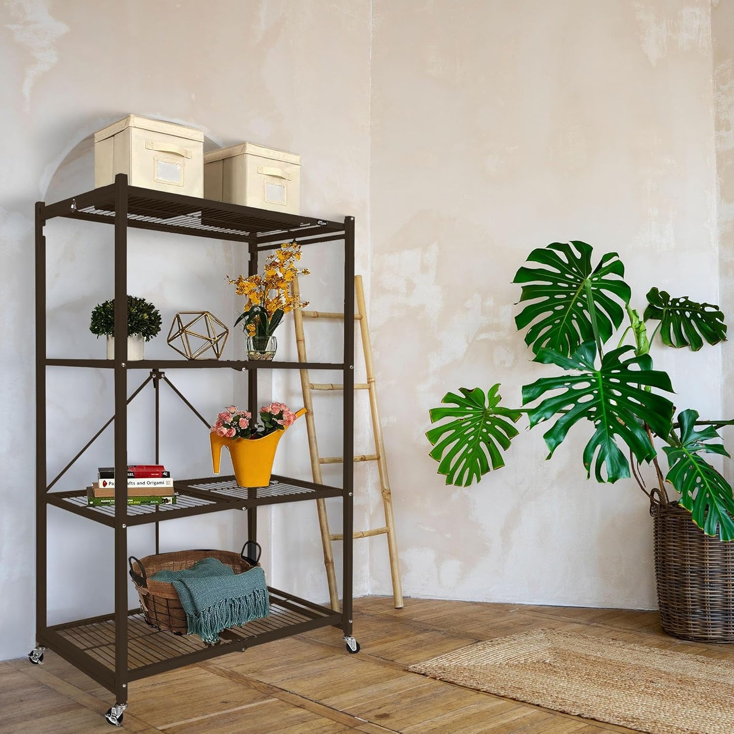 Origami Foldable 4-Shelf Storage Rack, Large, Brown