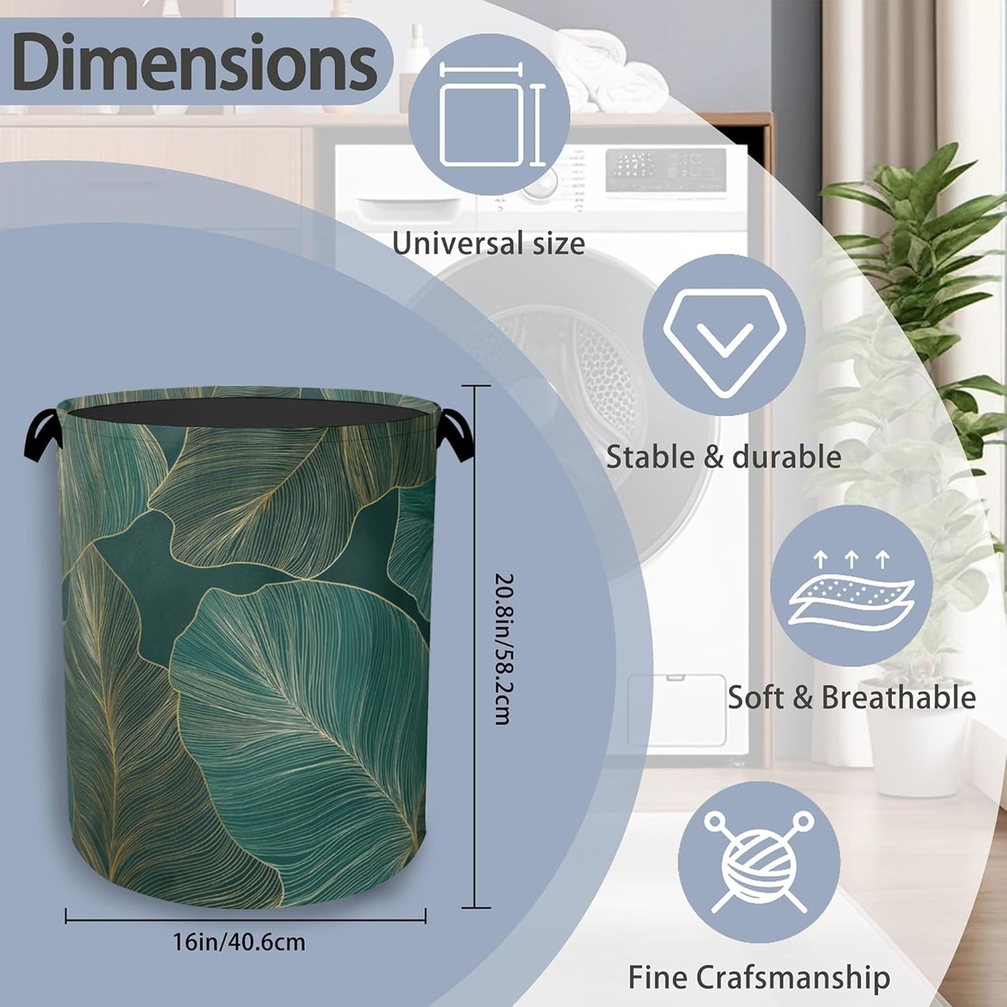 Palm Leaf Golden Laundry Hamper,Tropical Dirty Clothes Laundry Basket with Handles Waterproof Oxford Cloth Storage Basket for College Dorms Bathroom Bedroom 16" x 20.8"