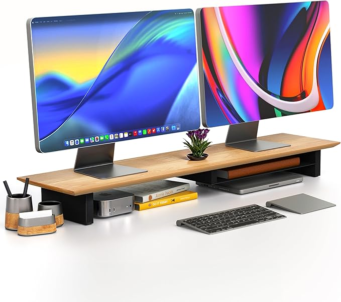 Solid Wood Dual Monitor Stand Riser – 43" Oak Desk Shelf for 2 Monitors with Tray & Wool Felt, Organizer for Desktop, Laptop and Office (Solid Oak)