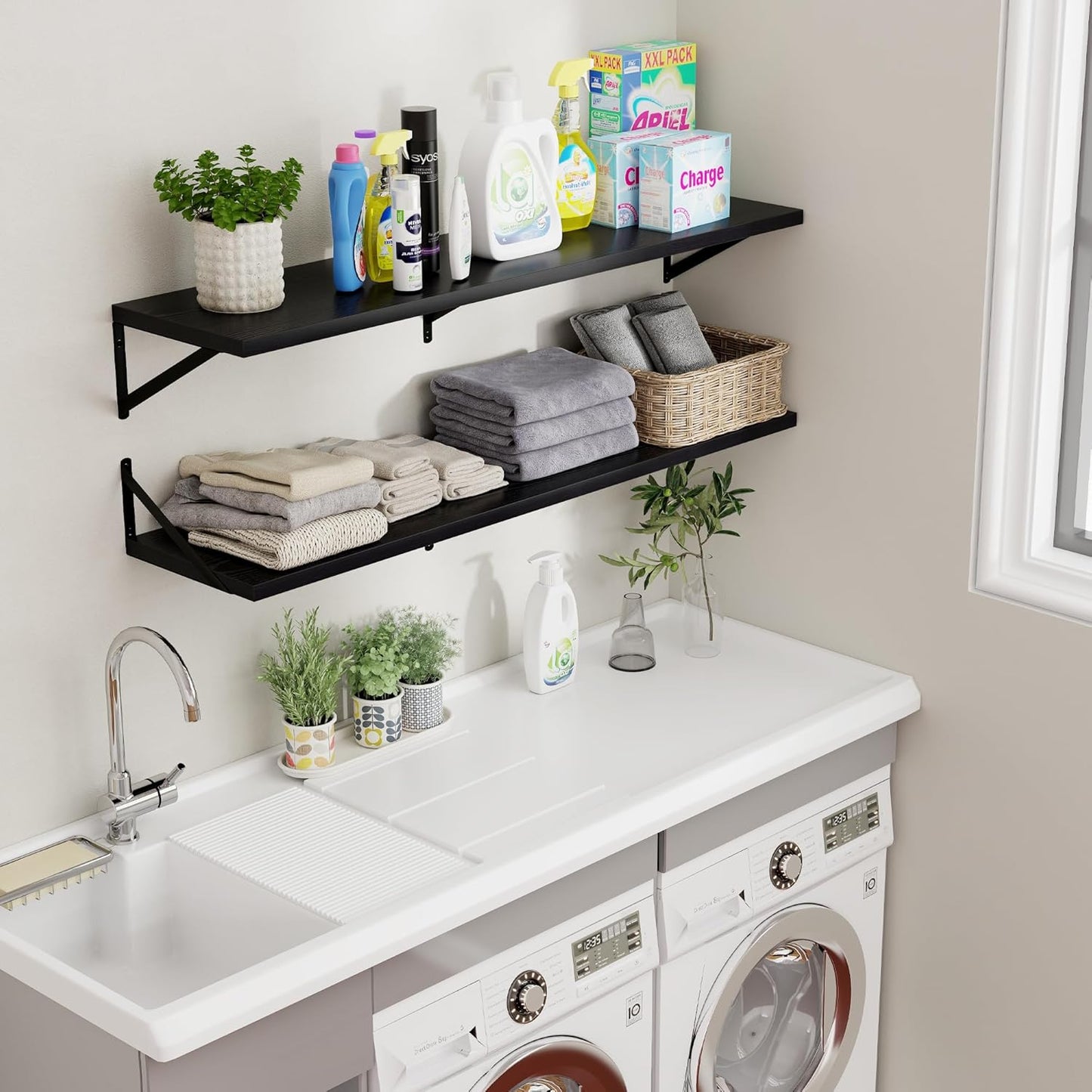 Axeman Floating Shelves for Wall Black- 48 Inch Wide x 12 Inch Deep Wall Shelves Set of 2 - Black Deep Wood Floating Shelves for Living Room Bedroom Laundry Room