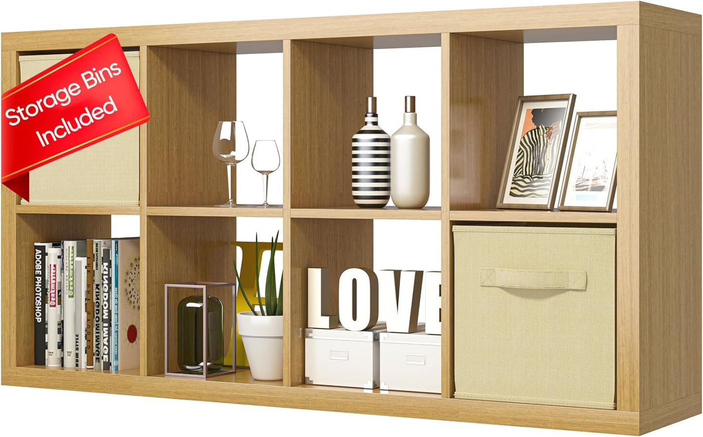 furtble Bookshelf with Storage Bins, 8-Cube Storage Organizer, Modern Wood Open Bookcase, Multifunctional Display Shelf for Living Room, Bedroom, Home Office, Oak