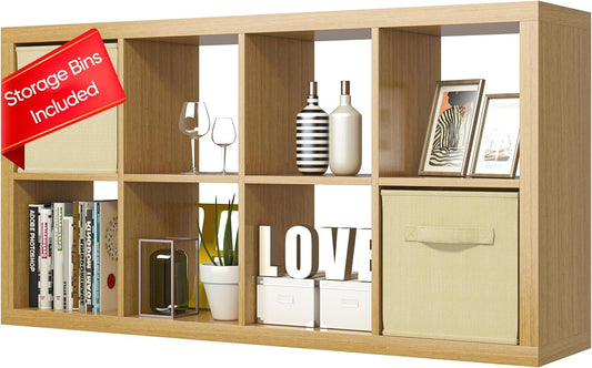 furtble Bookshelf with Storage Bins, 8-Cube Storage Organizer, Modern Wood Open Bookcase, Multifunctional Display Shelf for Living Room, Bedroom, Home Office, Oak