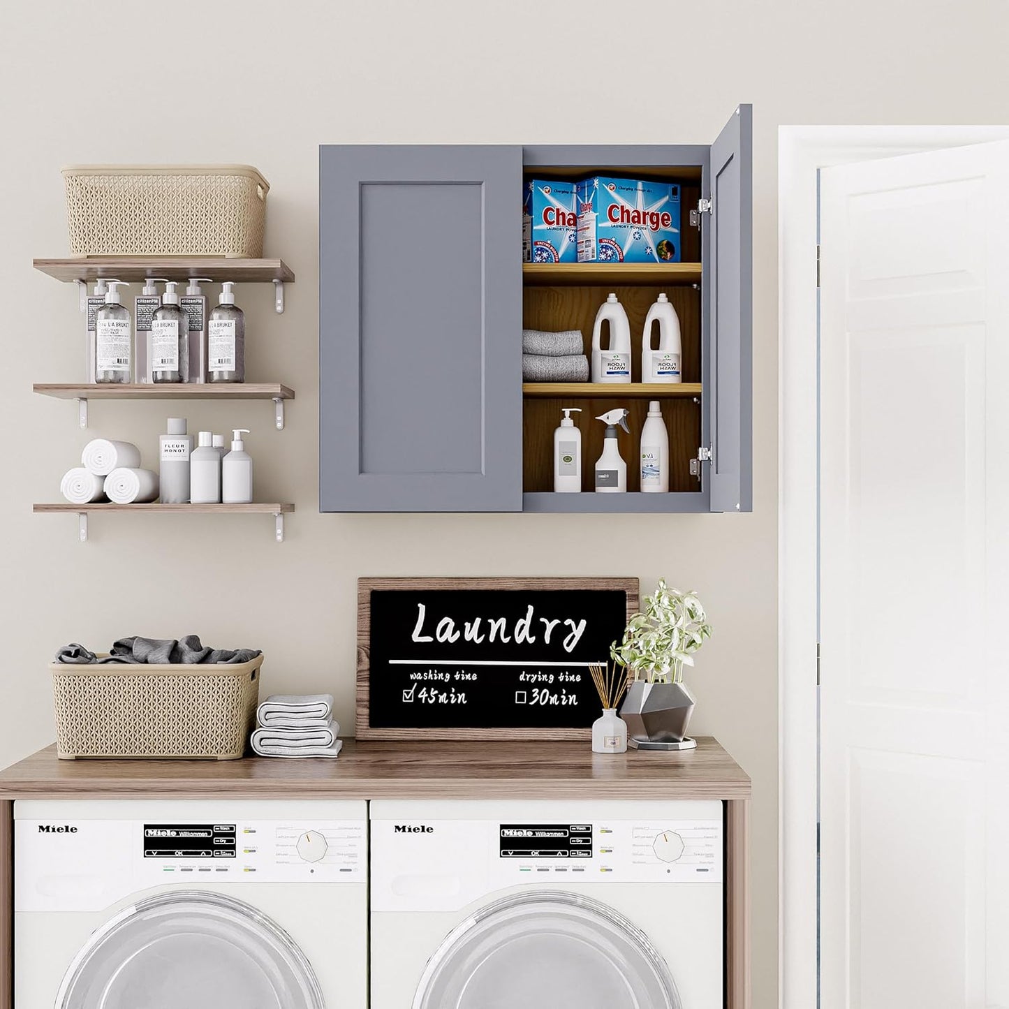 33 Inch Laundry Room Cabinets Wall Mounted, Solid Wood Over The Toilet Storage Cabinet, Bathroom Organizer Cabinets with 2 Door & Shelves, Easy to Assemble for Kitchen, Garage - Dark Gray