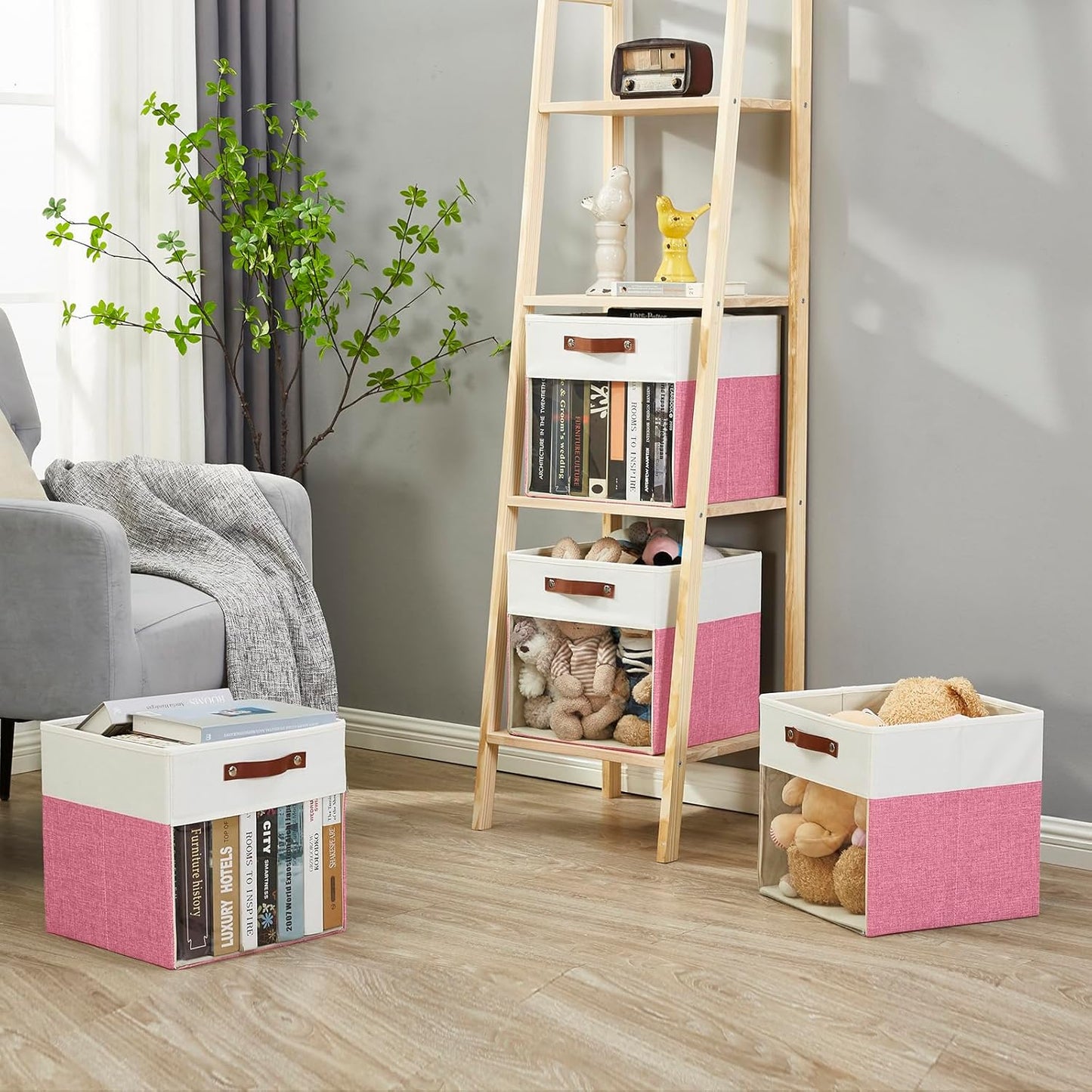 Storage Cubes, 4 Pack Linen Foldable Storage Bins (13 x 13 inch) with Clear Window and Handles, Fabric Organizer for Shelf Closet, Clothes, Books - (Pink and White)
