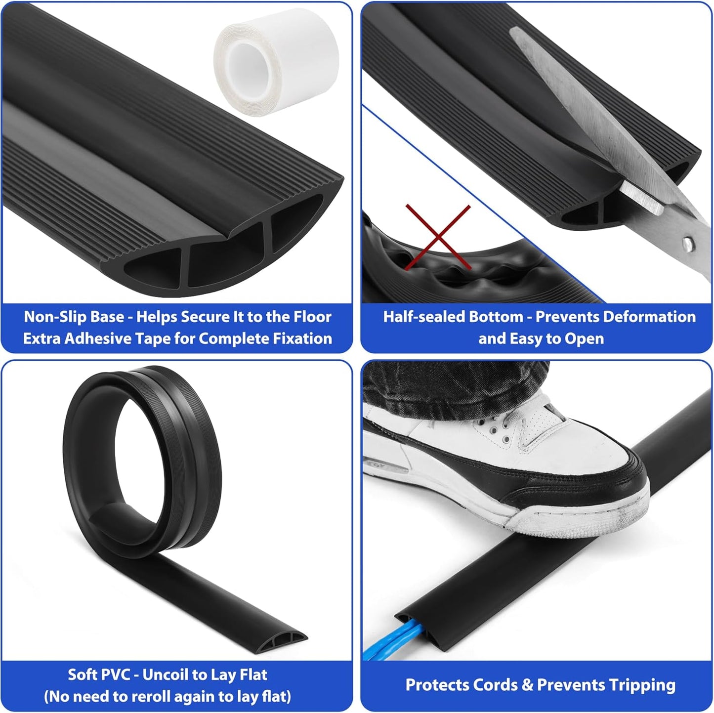 ZhiYo Floor Cord Cover 4ft, Cord Hider Floor Hide Extension Cords, Cable Management Prevent Cable Trips, Floor Cable Cover Wire Covers for Cords, Cable Protector Cord Cavity W0.6in H0.32in Black