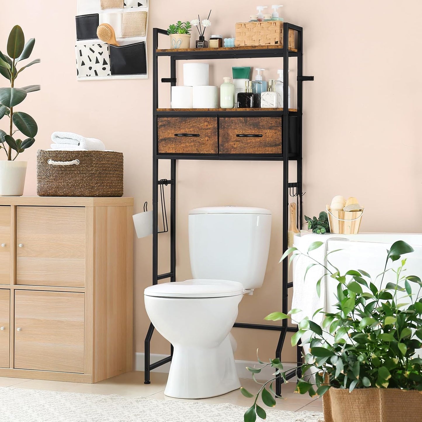 YBING Over The Toilet Bathroom Storage Cabinet for Freestanding, Above Toilet Shelf with Fabric Drawer, Tall Bathroom Shelf Organizer with Toilet Paper Holder, Brown