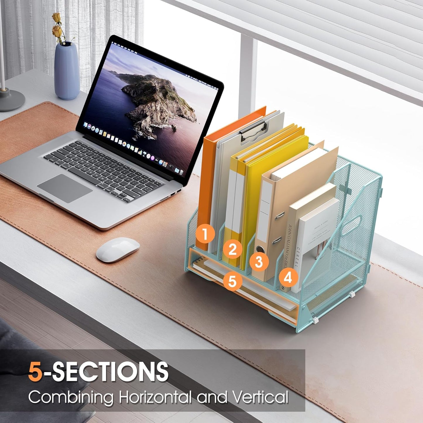 Desk File Folder Holder Organizer-4 Vertical Compartments Racks and Paper Letter Tray,Mesh Magazine File Holder Sorter,Desktop Accessories & Workspace Organizers for Home,Office,School-Blue