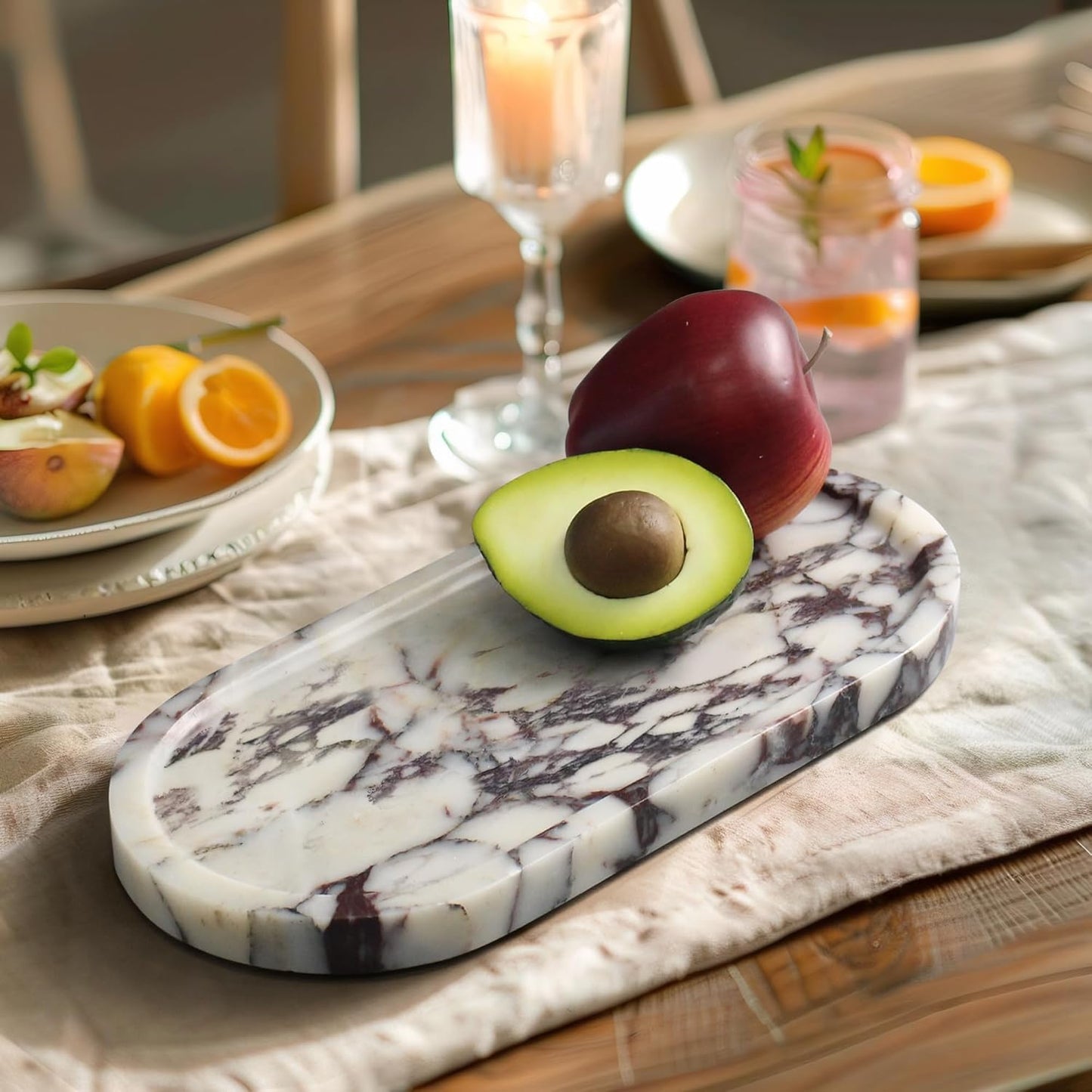 100% Real Natural Marble Tray for Bathroom, Luxury Calacatta Viola Stone Vanity Tray, Decorative Oval Trays for Countertop Storage Organizer, Dresser, Kitchen, Home Decor, 11.8" x 6", Purple