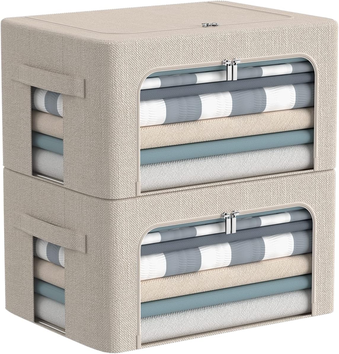 CYhom Clothes Storage Bins Box - Linen Fabric Foldable Stackable Container Organizer Set with Clear Window & Carry Handles & Metal Frame - 2Pack Large Capacity for Bedding, Blankets, Books