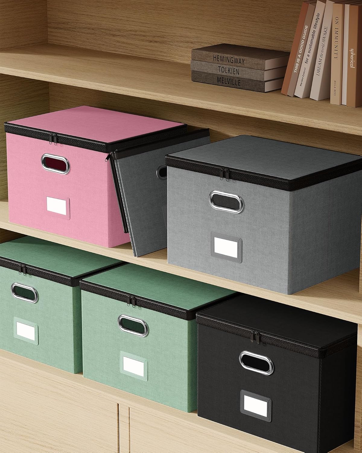 Oterri 2 Pack Large File Organizer Boxes with Lids, File Box with Mesh Pockets, Document Organizer Box for Letter/Legal Size Folders, Zippers Important Document Organizer (Grey, Without Folders)