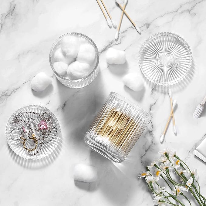 Glass Qtip Holder with Lid,Bathroom Organizer and Storage Jars - Apothecary Jars for Cotton Balls, Cotton Swabs,Pads,Floss Picks,Vanity Organizer,Bathroom Accessories and Countertop Storage Canisters