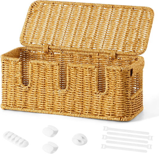 Handmade Cable Management Box,Imitation Rattan Cord Organizer with Lid,Extra 3 Open Slots Cord Hider for TV Wires Computer Router USB Hub,Cable Organizer Box to Hide Cords and Power Strips