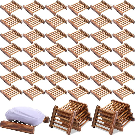 Amyhill 70 Pcs Bamboo Wood Soap Dish Bulk Bathroom Wooden Soap Holder Savers Self Draining Dishes Handcraft Tray, 3.3 x 3.3 x 0.67 Inch (Charcoal Color)