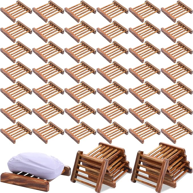 Amyhill 50 Pcs Bamboo Wood Soap Dish Bulk Bathroom Wooden Soap Holder Savers Self Draining Dishes Handcraft Tray, 3.3 x 3.3 x 0.67 Inch (Charcoal Color)