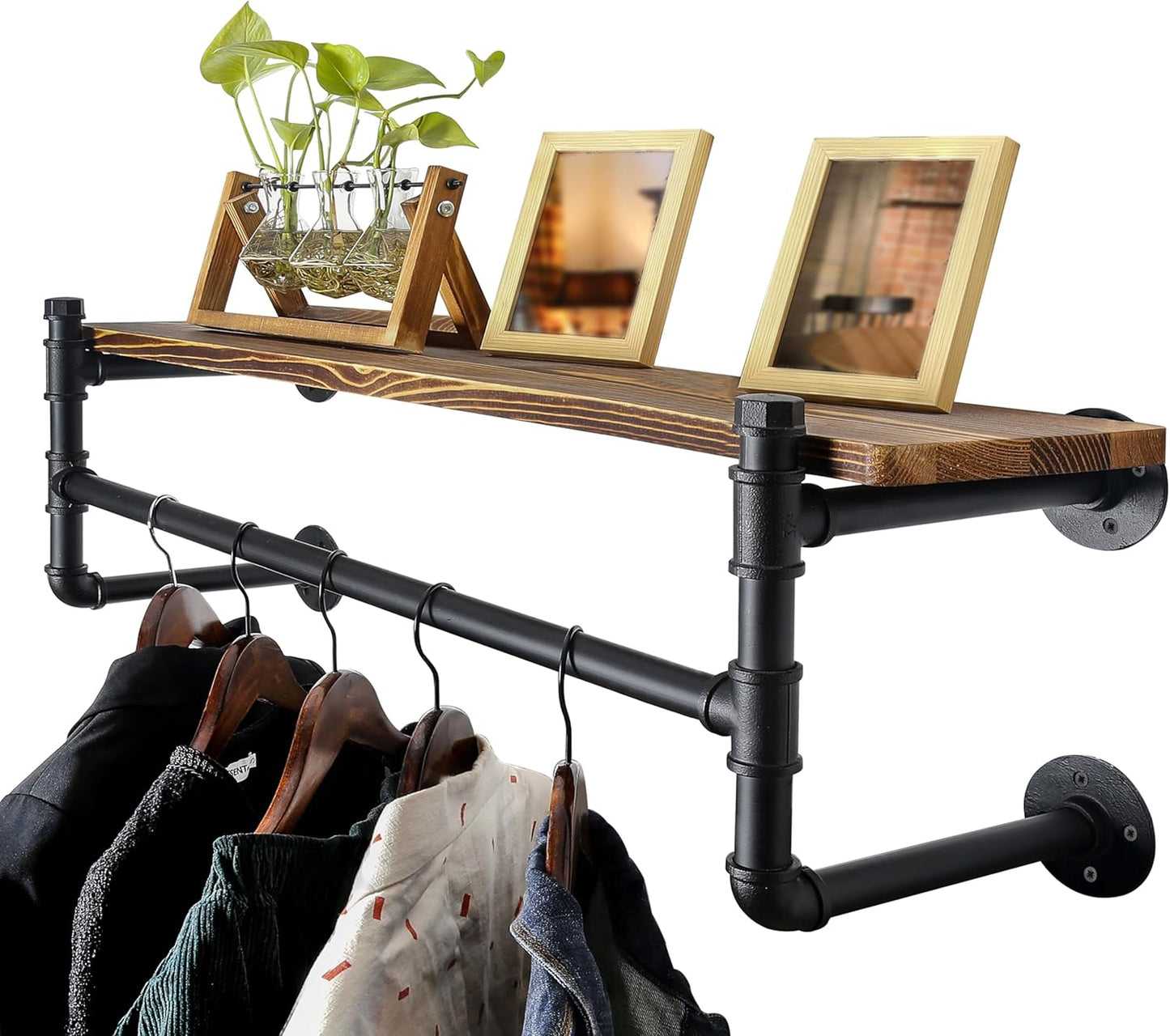 WEBI Wall Mounted Clothes Rack with Shelf,41.3" Long Industrial Pipe Clothing Rack with Shelves,Heavy Duty Iron Garment Rack Bar,Retail Display Clothes Rod for Clothes,Laundry Room,Black