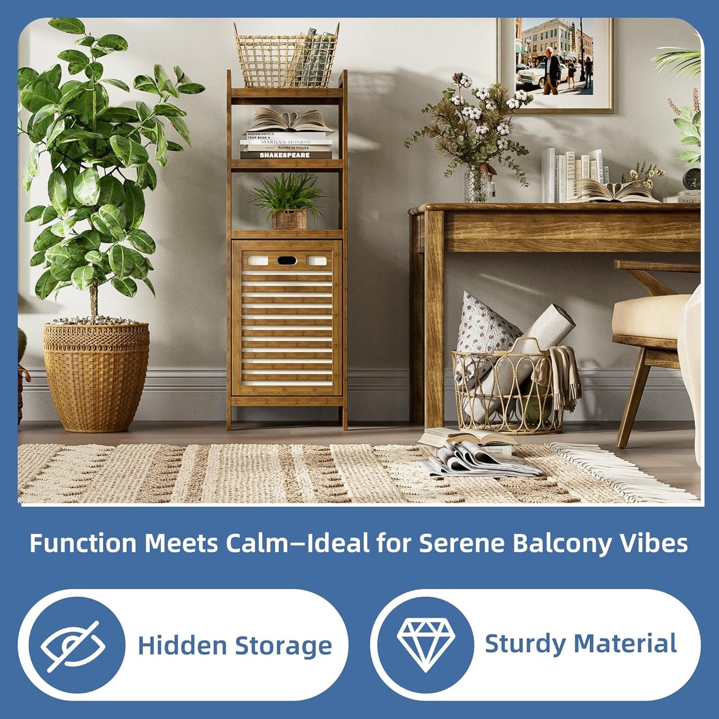 HITNET Bamboo Tilt Out Laundry Hamper, Bathroom Storage Cabinet with Hidden Removable Basket and 3 Open Shelves, Space Saving Bamboo Storage for Clothes, Towels and Toys, Walnut