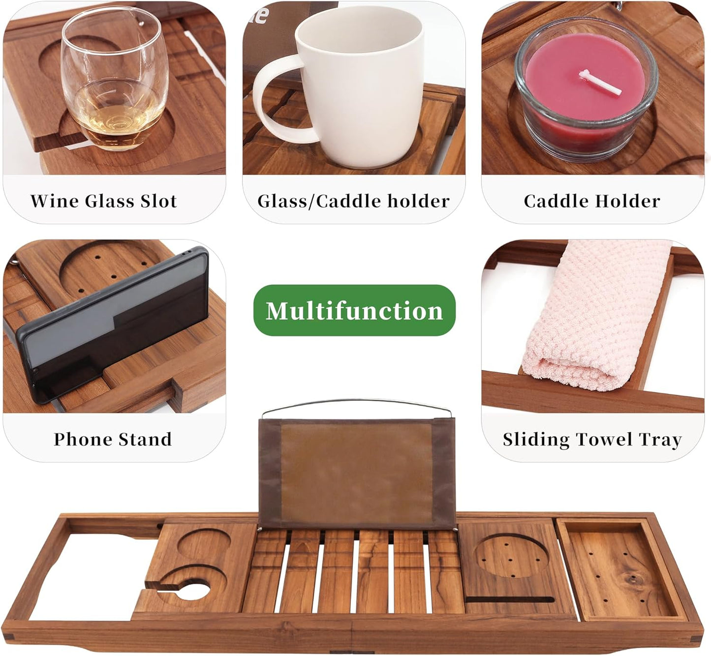 VaeFae Premium Teak Bathtub Tray, Expandable Wooden Bath Tray for Tub, Luxury Bathtub & Bathroom Accessories, Great House Warming, Anniversary & Wedding and Birthday Gifts (Free Teak Body Brush)