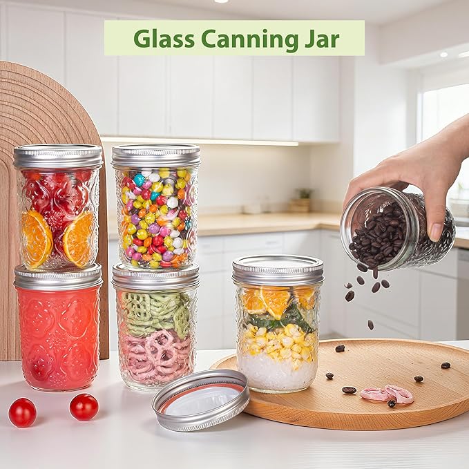Mason Jars 16oz with Lids-6 Pack Wide Mouth Glass Mason Jar Vintage Glass Canning Jars with Metal Lids for Canning, Pickling, Food Storage