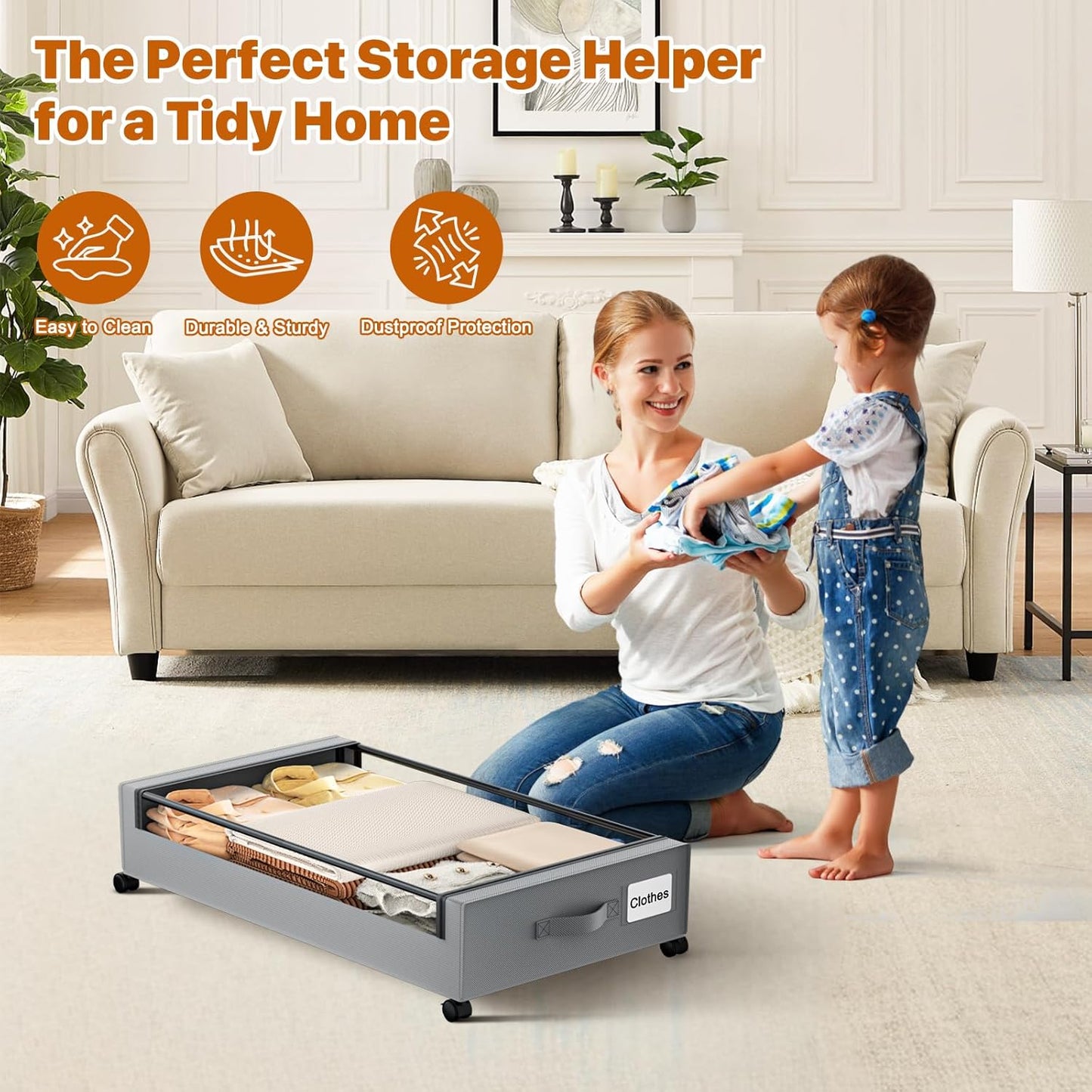 Under Bed Storage with Wheels,XXL 60L Under Bed Storage Containers with Clear Lids, Rolling Under Bed Metal Drawer for Clothes, Shoes,Toys(Gray, 2 Pack)