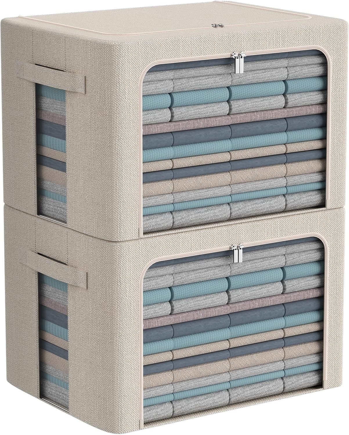 Extra Large Clothes Storage Bins - Linen Fabric Foldable Stackable Container Organizer Set with Clear Window & Carry Handles & Metal Frame - 2Pack Large Capacity for Bedding, Blankets, Books