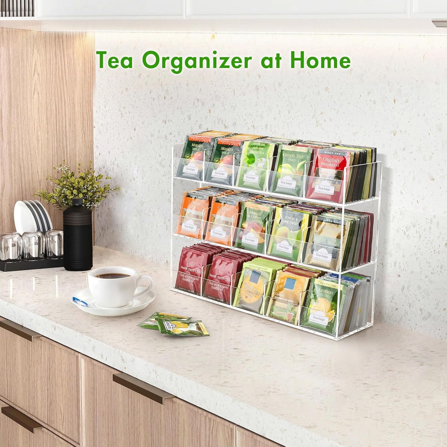 BEYGORM Acrylic Tea Bag Organizer for 270 Tea Packets, No Assembly Required Display Holder for Countertop, Vertical Tea Bag Caddy for Cabinet, Tea bar Accessories, Teabags Storage Containers