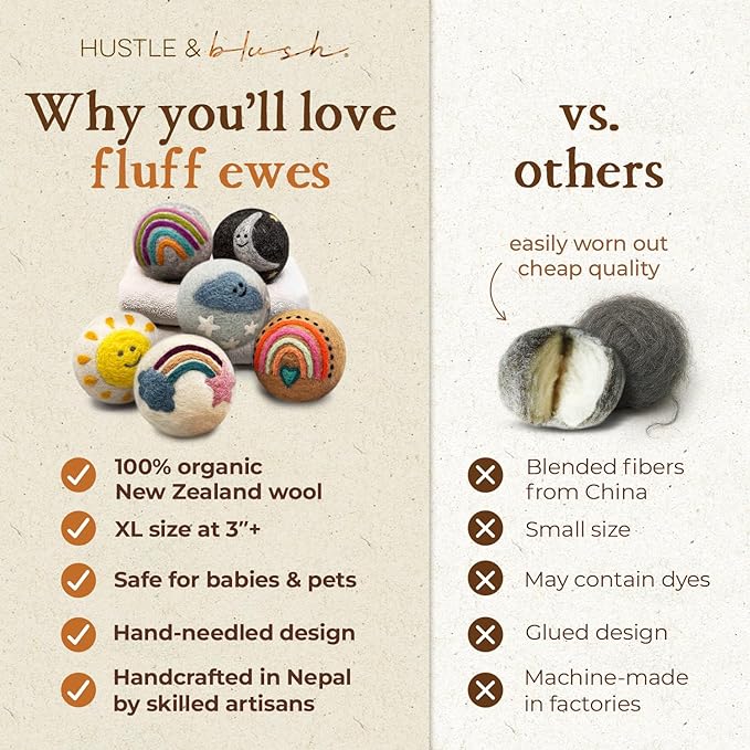 Hustle & Blush Fluff Ewes Wool Dryer Balls 6 Pack - XL Rainbow or Shine Premium New Zealand Laundry Set, Reduces Drying Time, Static Control, Chemical Free, Ideal Holiday Gifts for Women & Men