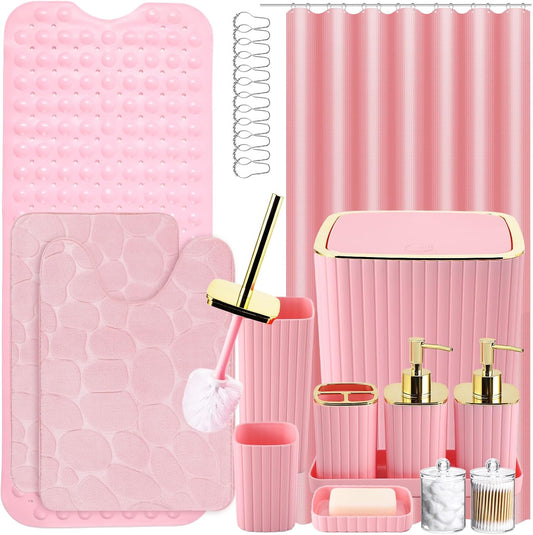 26PC Bathroom Accessories Set - Gorgeous Pink Bathroom Set, Bathroom Accessory Set, Pink Shower Curtain Set with Bathtub Mats for Shower Tub