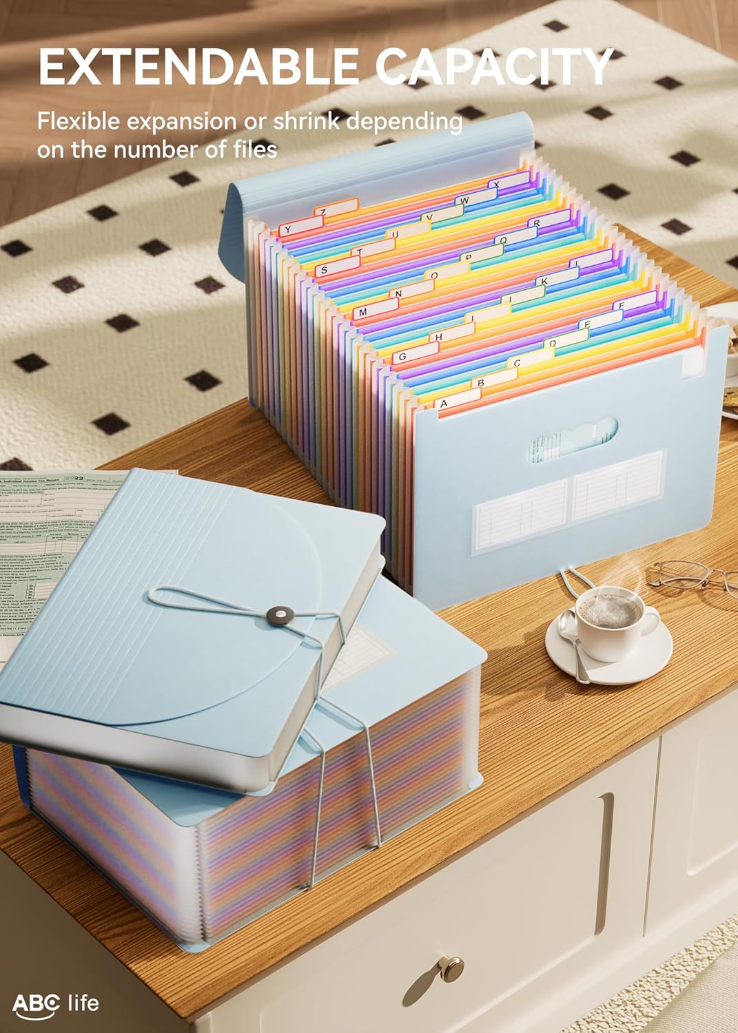 ABC life 26 Pockets Accordion File Organizer, Expanding File Folder, Portable Monthly Paper Bill Tax Receipt Organizer, Letter A4 Size Document Organizer with Blank Labels - Light Blue