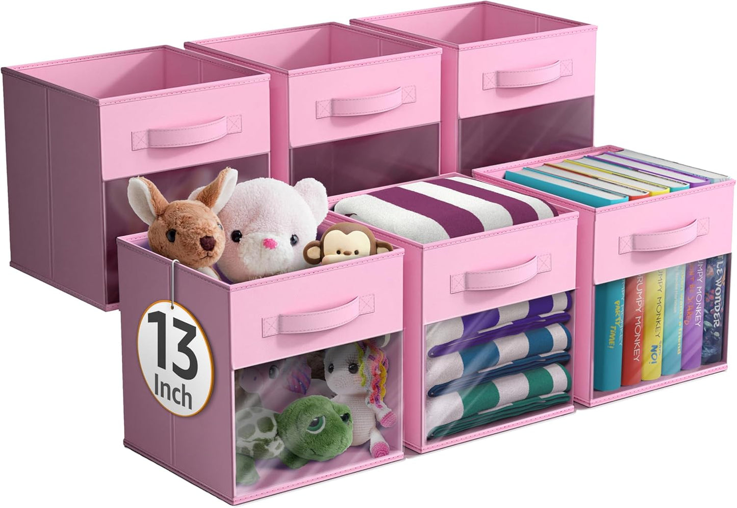 Sorbus 13 Inch Storage Bins with Clear Window - 6 Foldable Baskets for Organizing Clothes, Toys, Books - Sturdy Collapsible Fabric Storage Cubes with Handle - Storage Baskets for Shelves, Closets