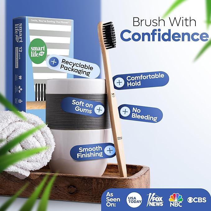 SmartLifeco Charcoal Bamboo Toothbrushes - Extra Soft Natural Bristles for Adults & Kids Teeth | Zero Waste Bulk Wooden Tooth Brush Travel Kit | BPA Free, Eco-Friendly, Vegan - (12 Pack)
