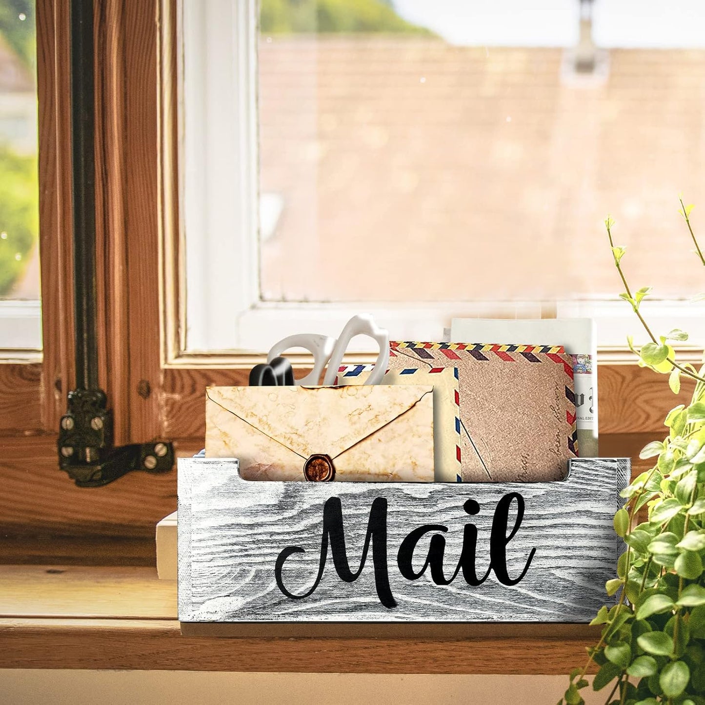 Mail Organizer Holder Countertop, Rustic Wood Mail Basket Storage Tray Letter Holder for Office Desk Wall Mount - Grey