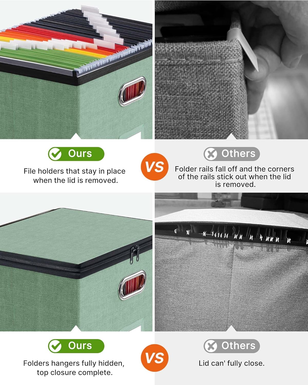 Oterri 2 Pack Large File Organizer Boxes with Lids, File Box with Mesh Pockets, Document Organizer Box for Letter/Legal Size Folders, Zippers Important Document Organizer (Green, Without Folders)