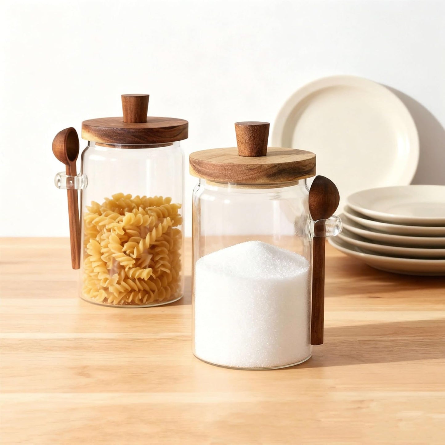 Glass Food Storage Jar with Acacia Wooden Lid and Spoon, Airtight Container for Cereals, Cookies, Snacks, Kitchen Canister Set (2 Pcs, Large/25oz)