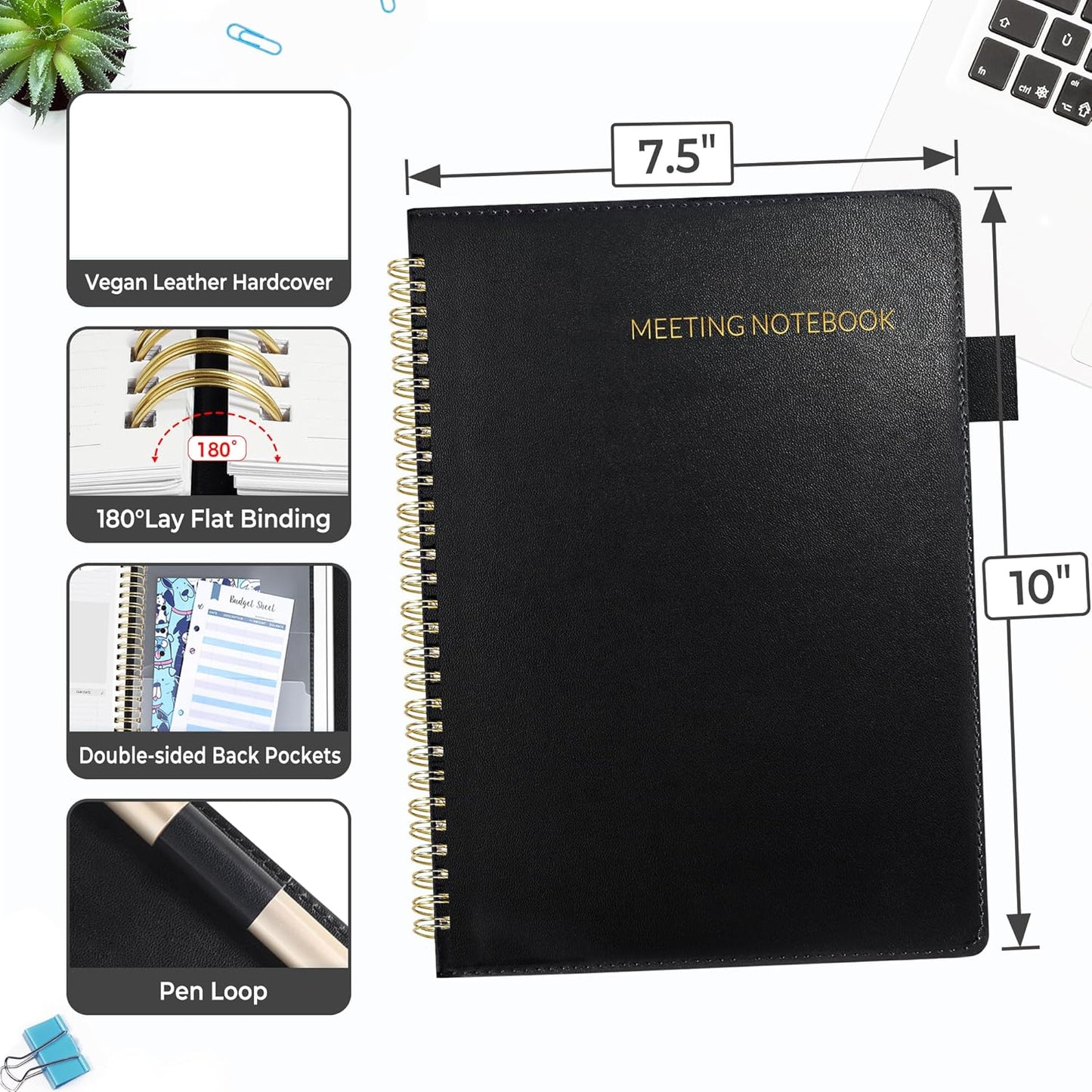 SUNEE Half Meeting Half Note - 7.5"x10" Professional Notebooks for Work - 160 Pages, B5 Size Project Planner, Spiral Meeting Agenda Organizer for Women Men, Note Taking,Office with Vegan Leather Cover