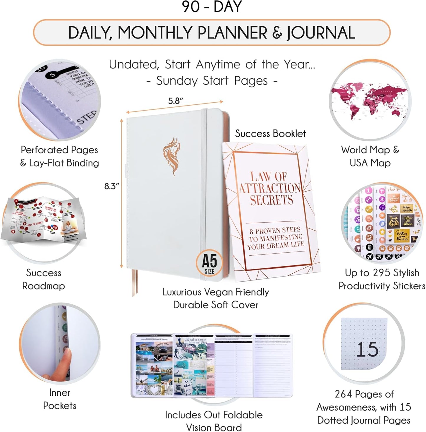 Gratitude Journal for Women & Men - 5 Minute Self Care Journal | 90-Day Undated Daily Planner for Positivity, Affirmations & Manifestation | Guided Mindfulness, Reflection | Vision Board + Stickers