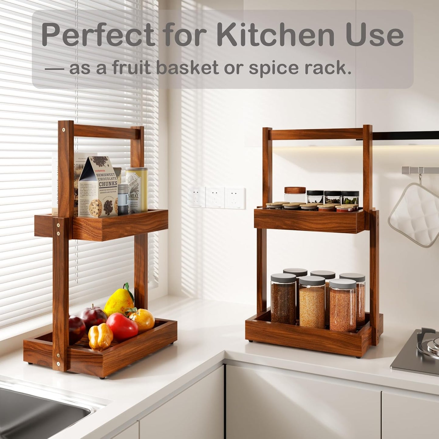 Teak Bathroom Shelf Towel Holder - 2 Tier Use as Shower Caddy Towel Organizer Stand Toilet Paper Storage Fruit Basket with Non-Slip, Durable for Bathroom Livingroom Kitchen