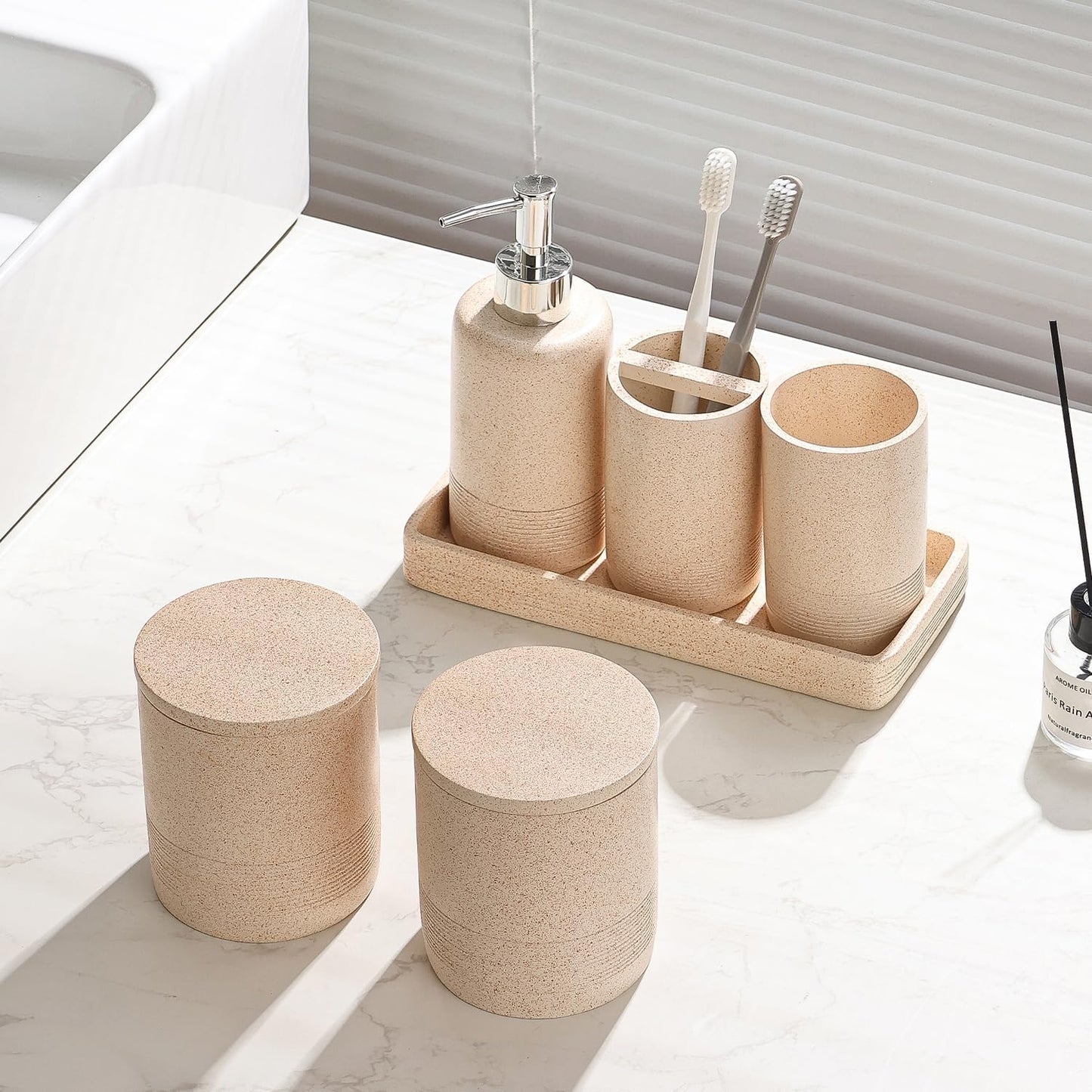 Bathroom Accessories Set, 6 PCS Modern Rustic Resin Bathroom Organizer Set, Toothbrush Holders Set, Soap Dispenser, Vanity Tray, Tumbler, Cotton Swab Jars (Beige)