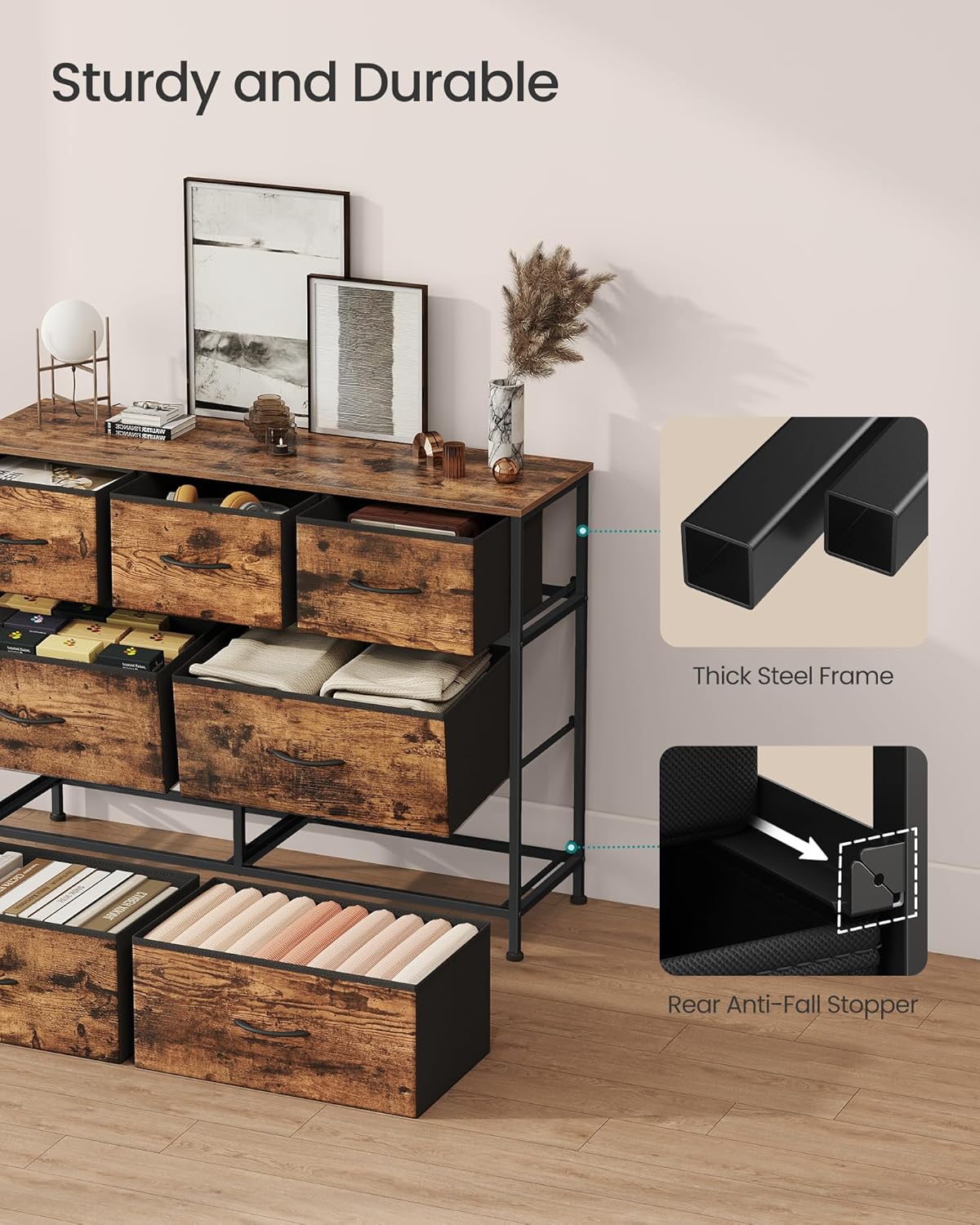 SONGMICS Dresser for Bedroom, Chest of Drawers, Steel, MDF, 7 Non-Woven Fabric Drawers, Storage Organizer Unit, Closet, Entryway, Rustic Brown and Ink Black ULGS323BH04