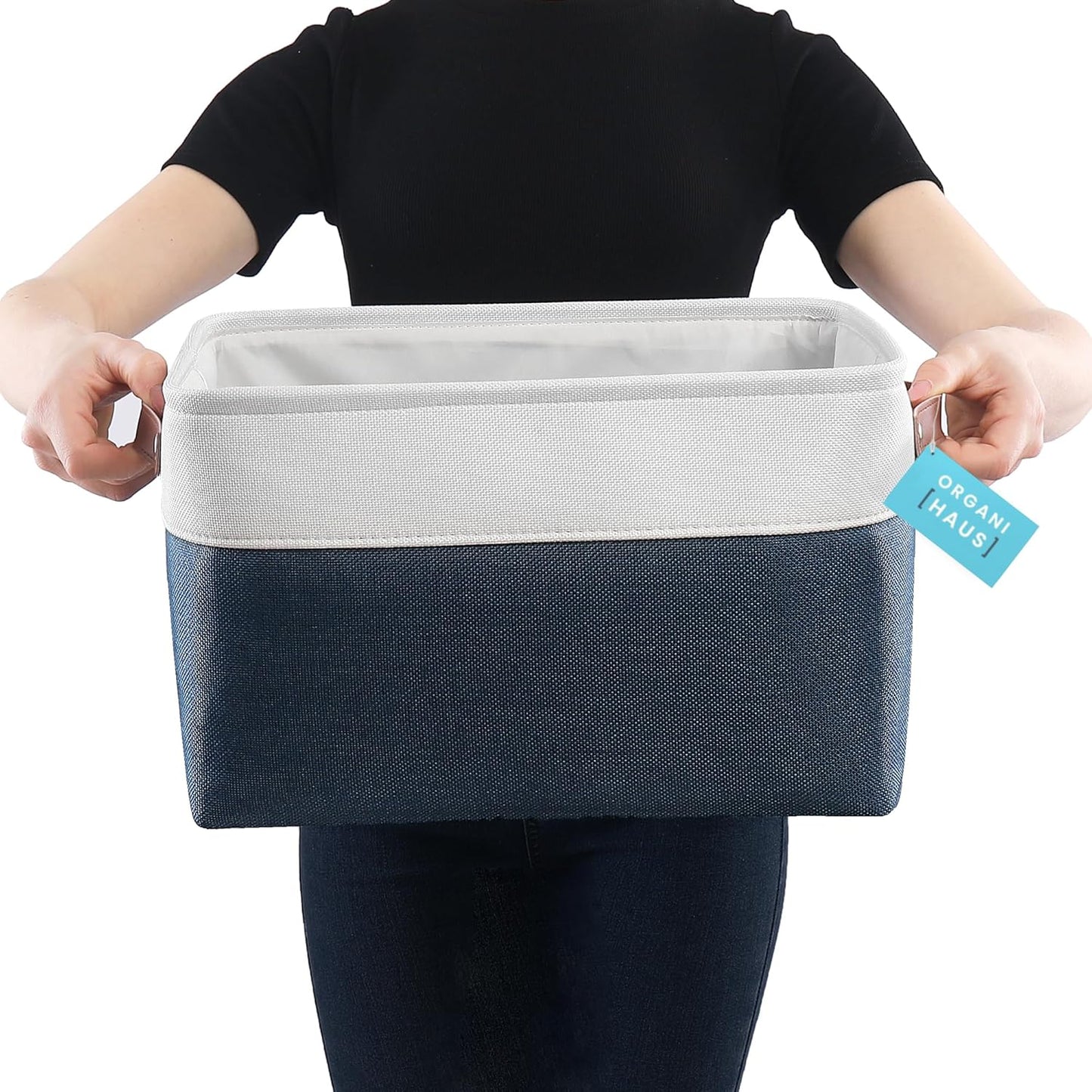 OrganiHaus Large Fabric Storage Baskets for Shelves 3 Pack, 15x11in Closet Storage Bins for Shelves, Canvas Baskets for Organizing, Linen Closet Organizers, Cloth Basket, Navy Blue/Off-White