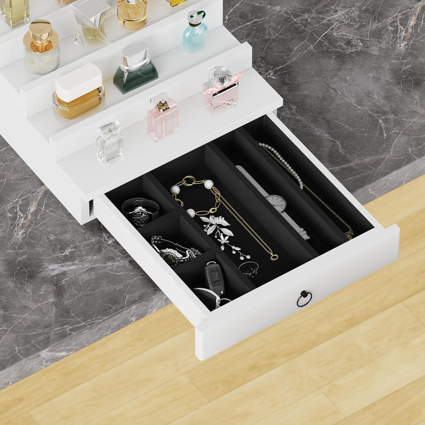 Blisse Cologne/Perfume Organizer, 4-Tier Storage Drawer with Hidden Compartments, Soft-Lined Display Case (White)