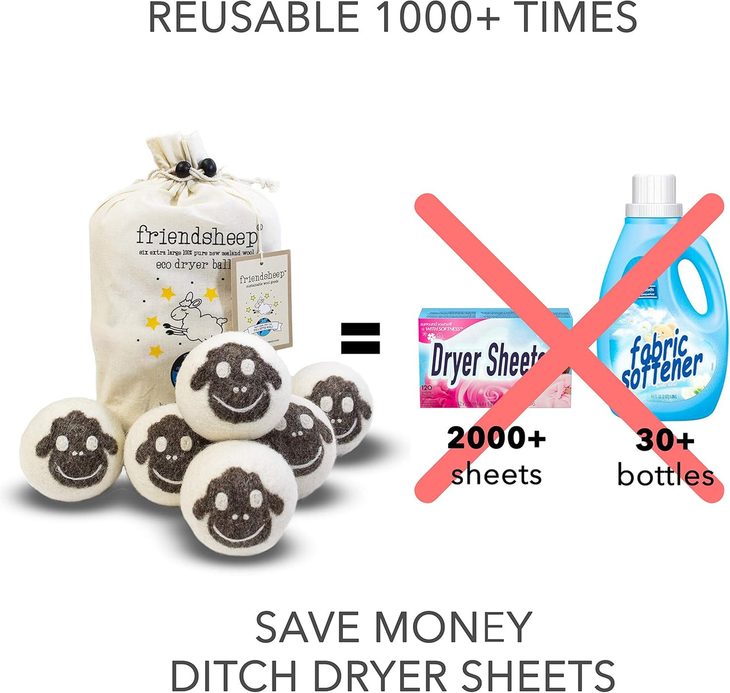 Friendsheep Wool Dryer Balls, Organic Reusable Fabric Softener Alternative for Laundry, Handmade, Fair Trade, Hypoallergenic, Eco-Friendly, Plastic-Free (6 Pack XL – Sheep Flock of Friends)