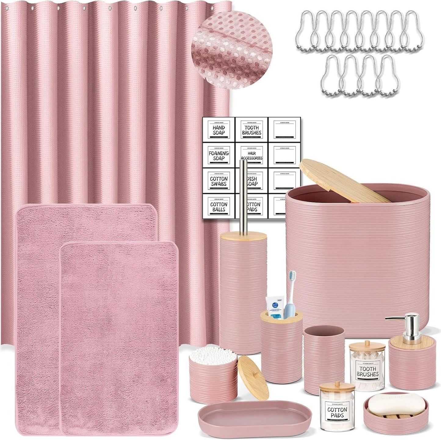 IMAVO Pink Bathroom Set,26Pcs Bathroom Accessories Set with Waffle Shower Curtain,Rugs,Trash Can,Tray,Soap Dispenser,Soap Dish,Toothbrush Holder,Toothbrush Cup,Toilet Brush Holder and Qtip Holders