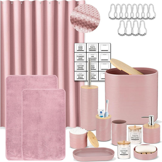 IMAVO Pink Bathroom Set,26Pcs Bathroom Accessories Set with Waffle Shower Curtain,Rugs,Trash Can,Tray,Soap Dispenser,Soap Dish,Toothbrush Holder,Toothbrush Cup,Toilet Brush Holder and Qtip Holders