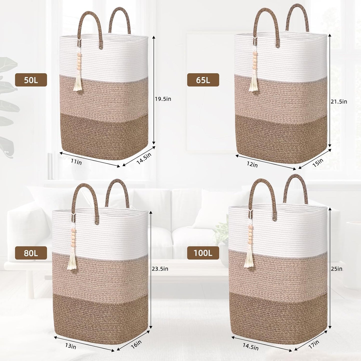 Woven Laundry Basket for Clothes,65 L Large Rectangle Laundry Hampers with Beads Tassel, Nursery Storage Basket for Toys, Tall Dirty Clothes Hamper for Bedroom Aesthetic, Laundry Room Organization